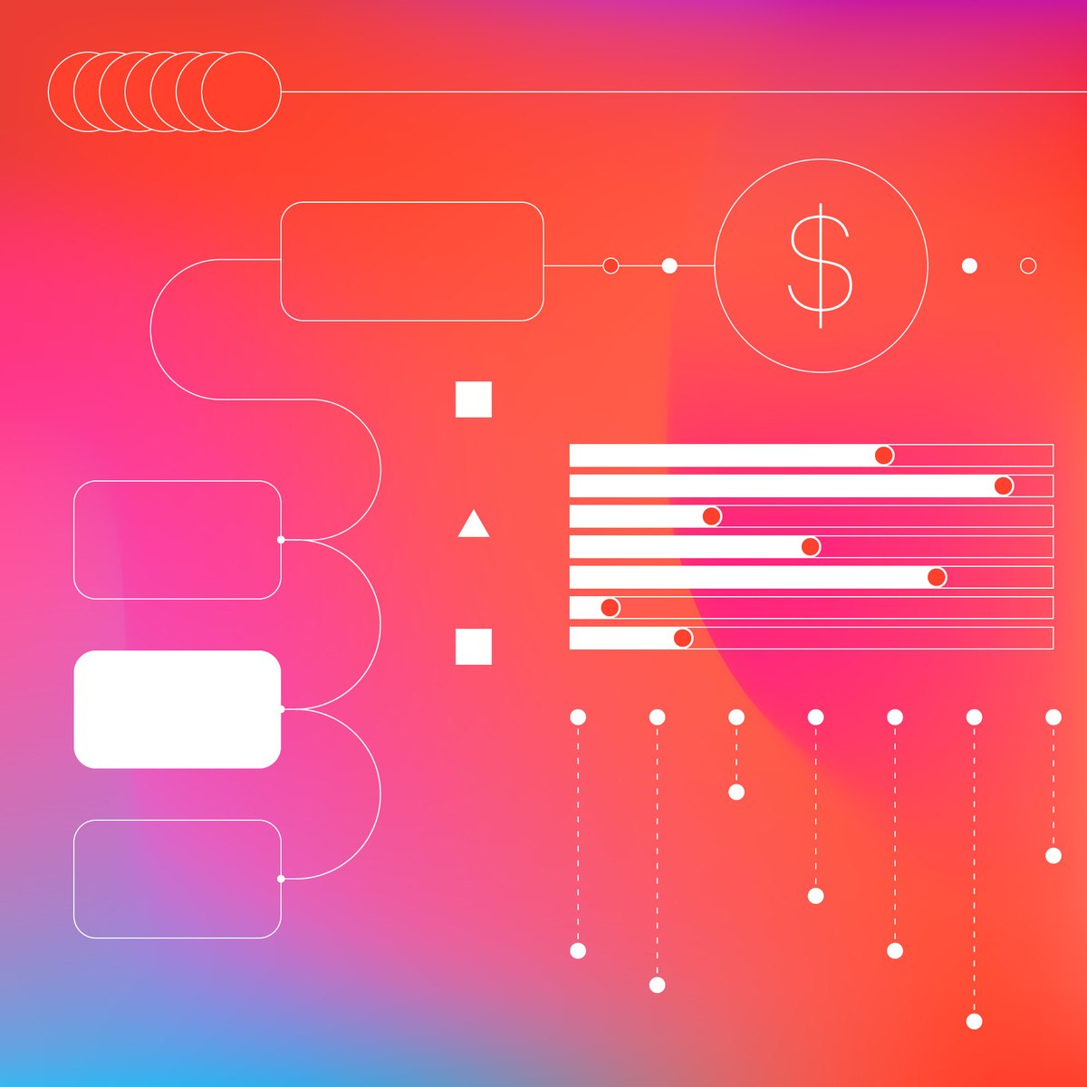 Gradient background showing multiple connected datapoints, flow charts and sliding scales, with a dollar sign in one bubble, reflecting customer spend.