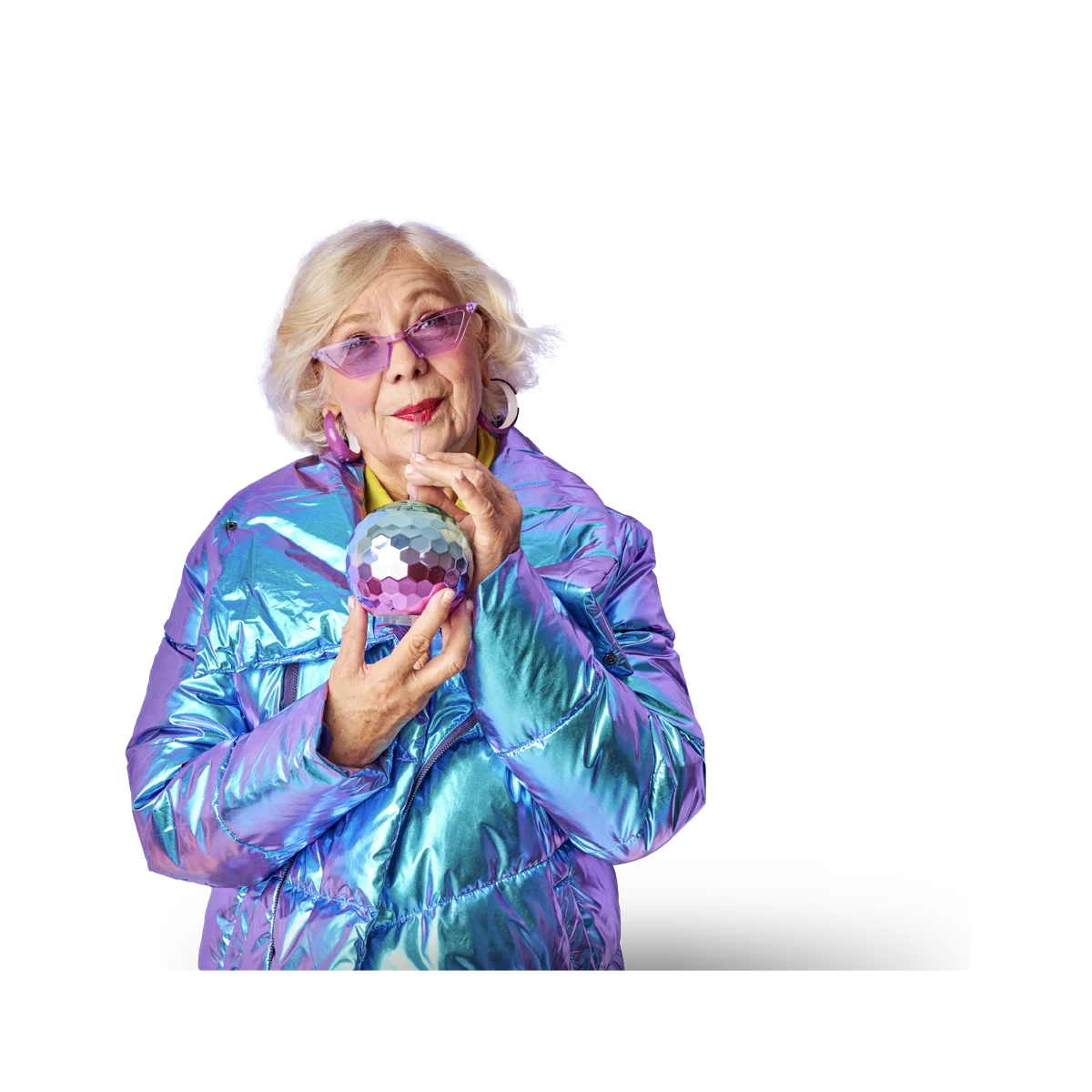 older blonde lady with colorful holographic jacket and personal details in background