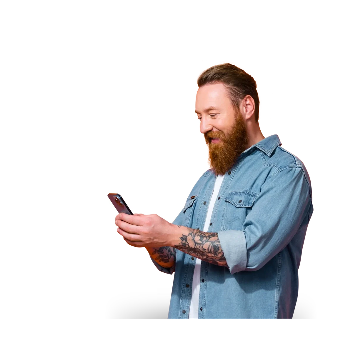 bearded man with tattoos and ad details in background