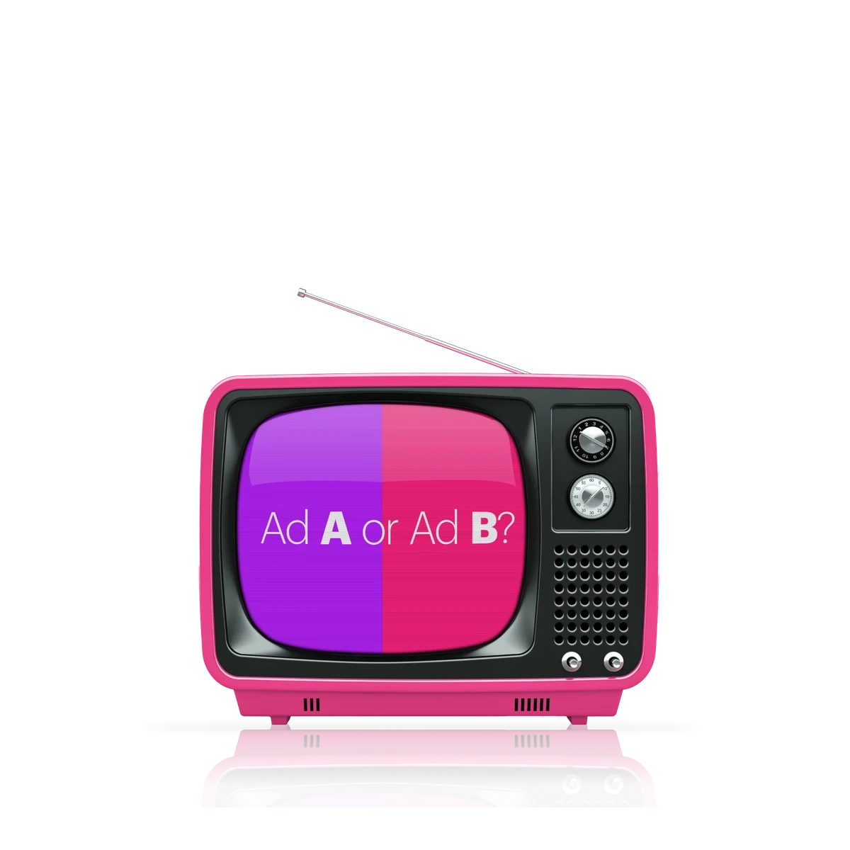 old school pink TV with 2 ads and related icons in the background