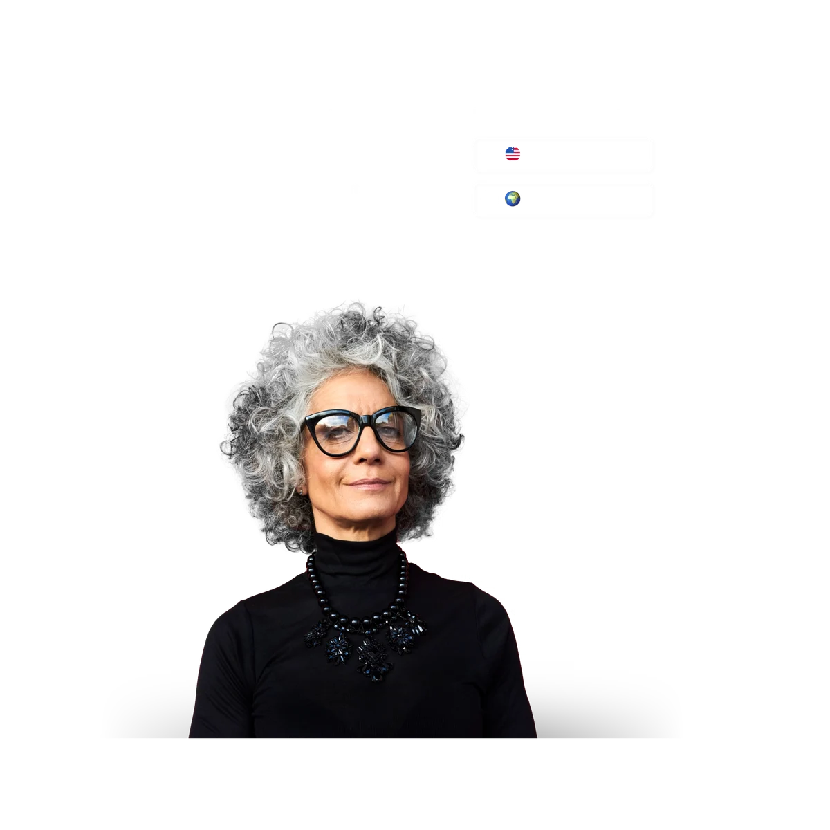 older lady with grey curly hair and target market insights behind