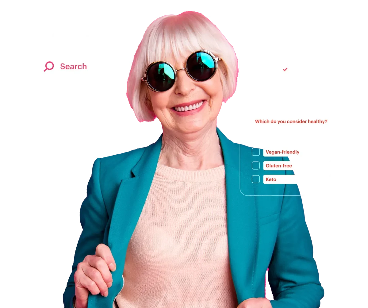old lady with short white hair and survey data points behind her