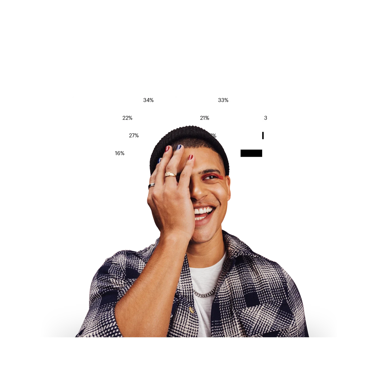 man with hand over face and demographic chart behind