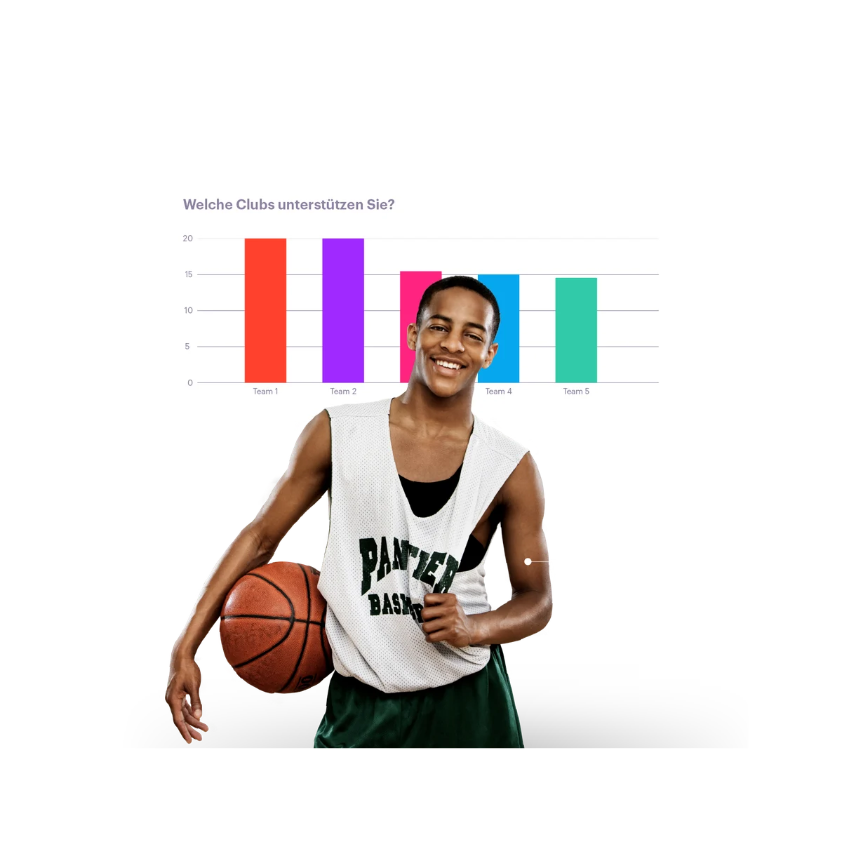 Mann mit Basketball und Sport-Outfit mit Daten im Hintergrund