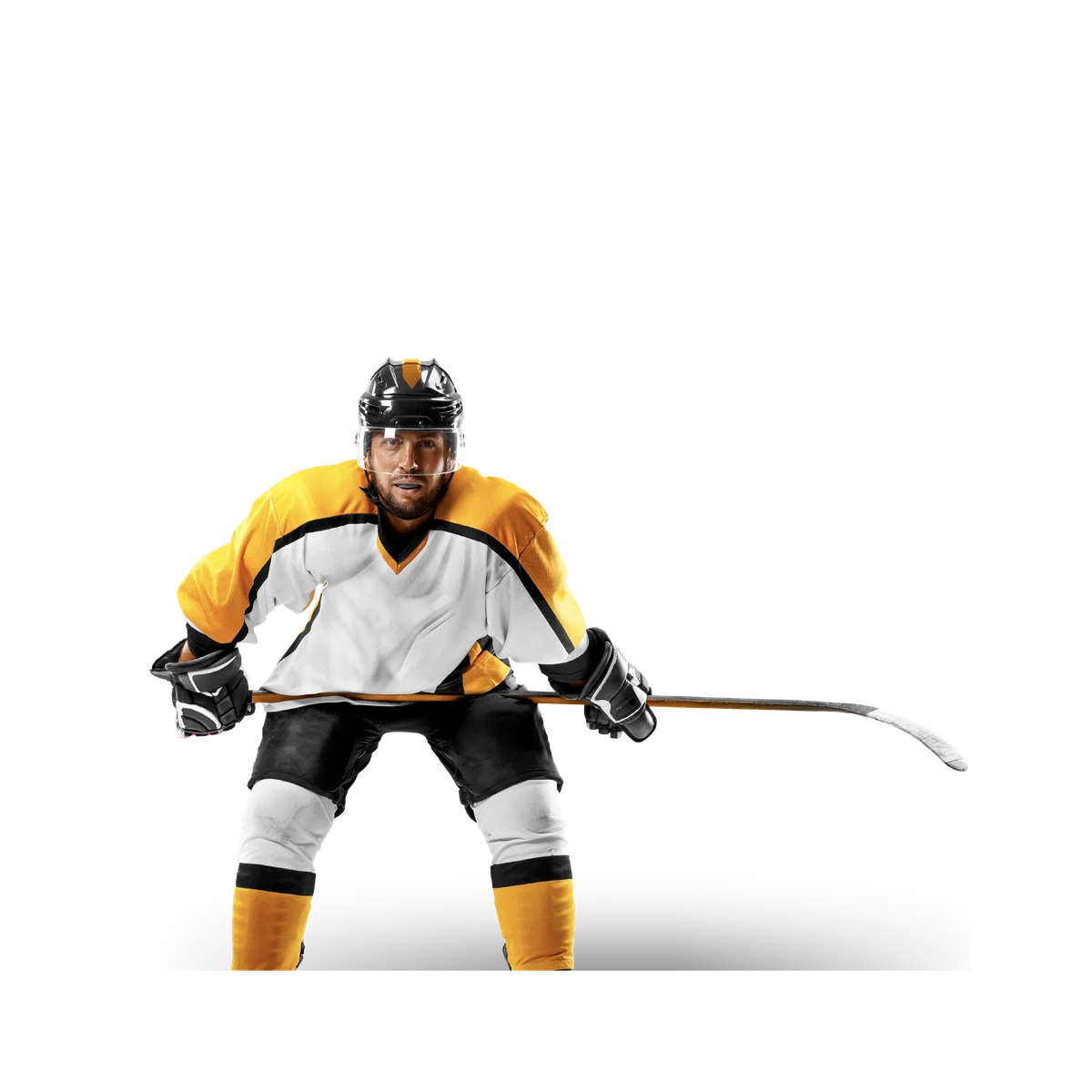 guy in hockey equipment with sports statistics behind him