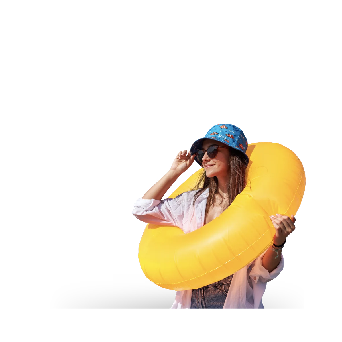 Frau mit gelbem Schwimmreifen und Daten im Hintergrund