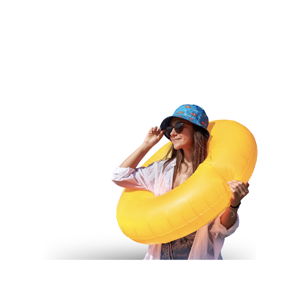 woman holding a swimming floatie with a travel pie chart behind her