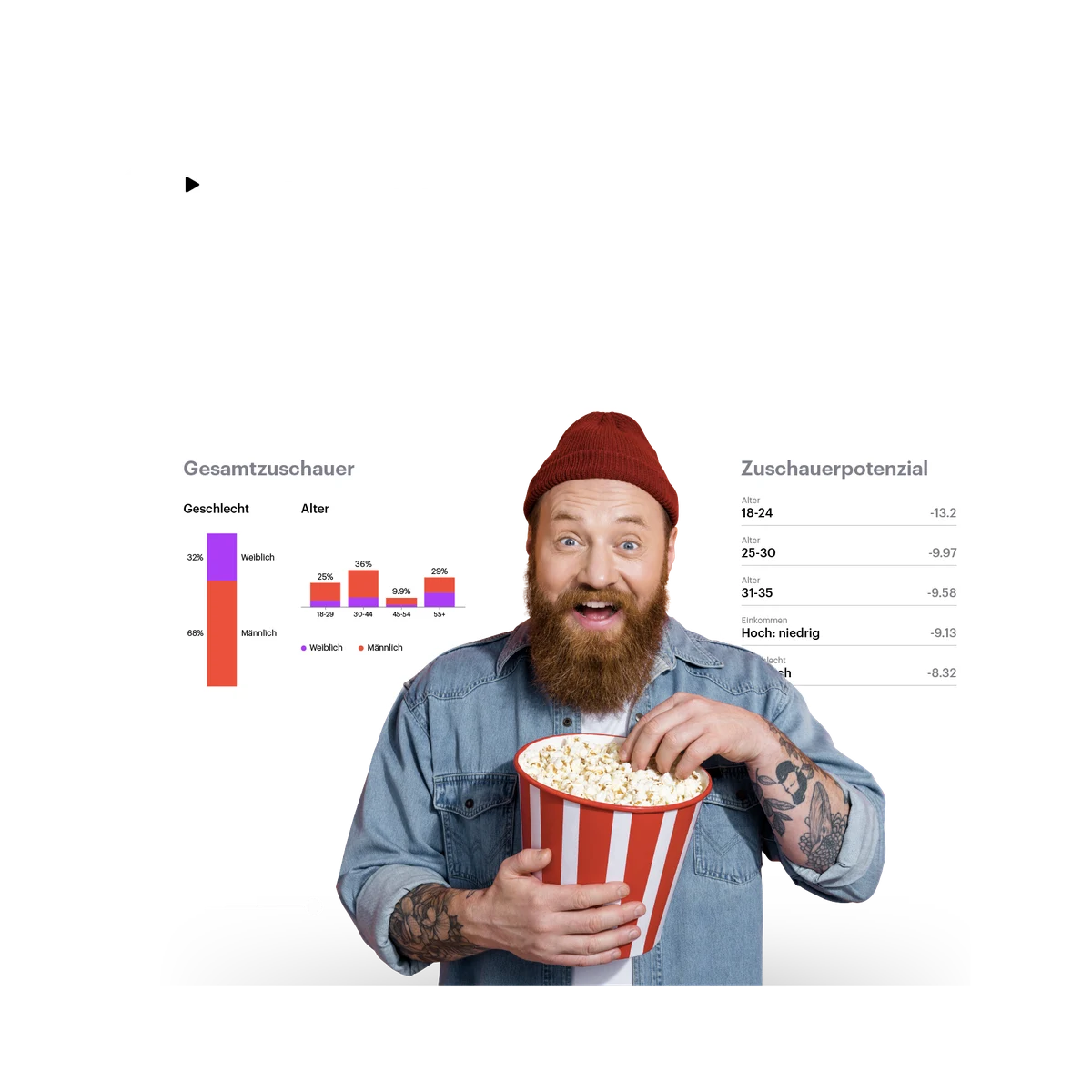 Mann mit Popcorn und TV-Insights im Hintergrund