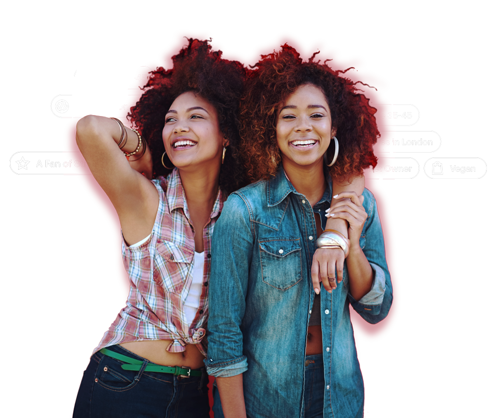 two women with afro curly hair and pill buttons in the background